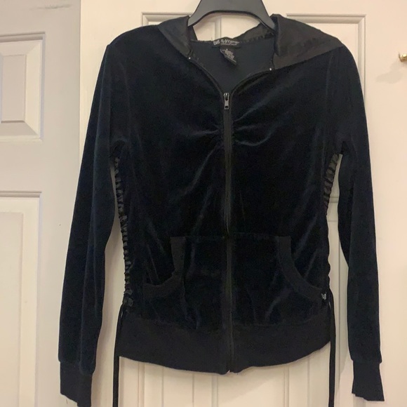 😍 Rare Self Esteem Black Velour Jacket w/satiny accents sides & in hoodie S - Picture 1 of 10